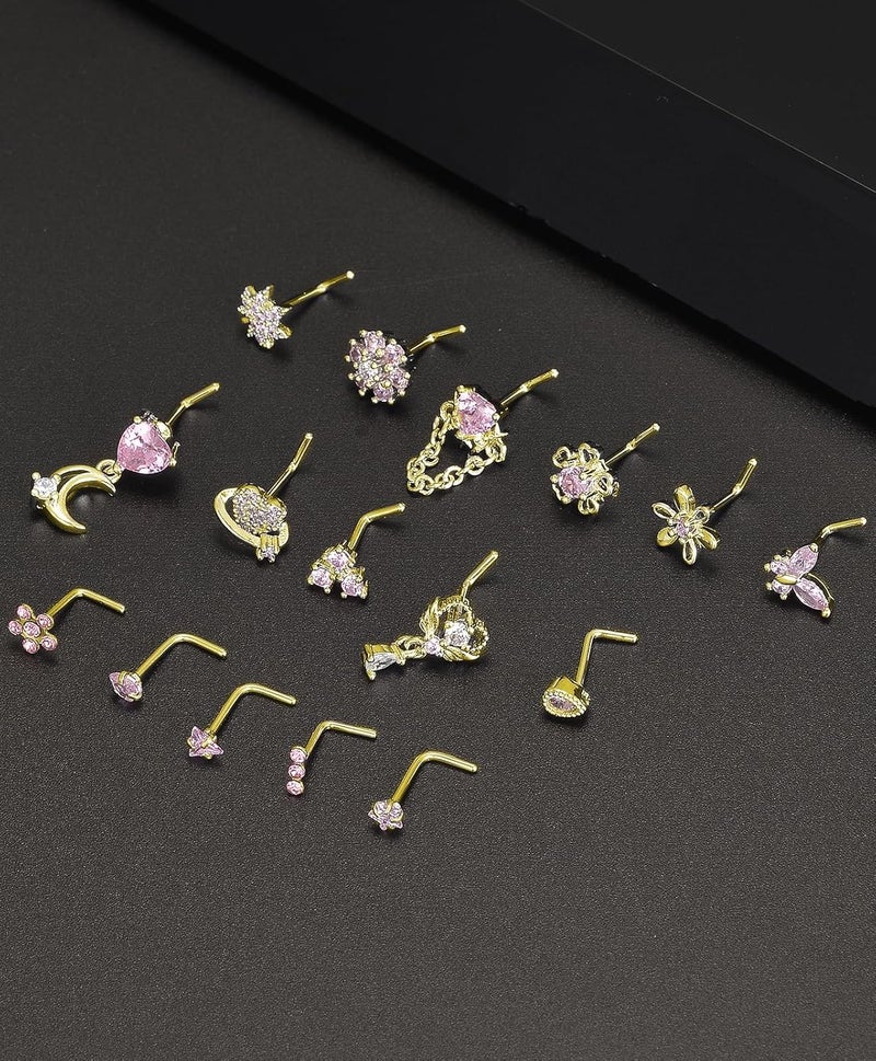 Tornito 16Pcs Nose Rings L Shaped Nose Stud Stainless Steel Butterfly Flower Leaf Heart Moon Dangle Nose Stud Ring Body Piercing Jewelry for Women Men 20G Pink Blue Clear CZ - Image 5